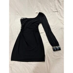 Deb Womens One Shoulder Mesh Sleeve Sequin Bodycon Mini prom club Dress Black XL